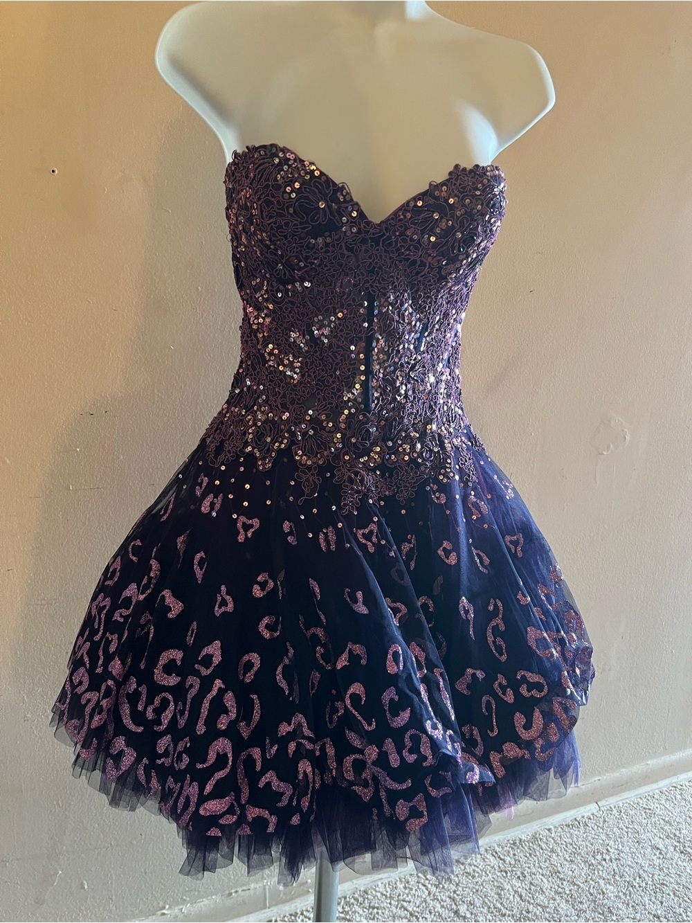 Strapless Sequined Tulle Cocktail Dress in Deep Purple & Pink
